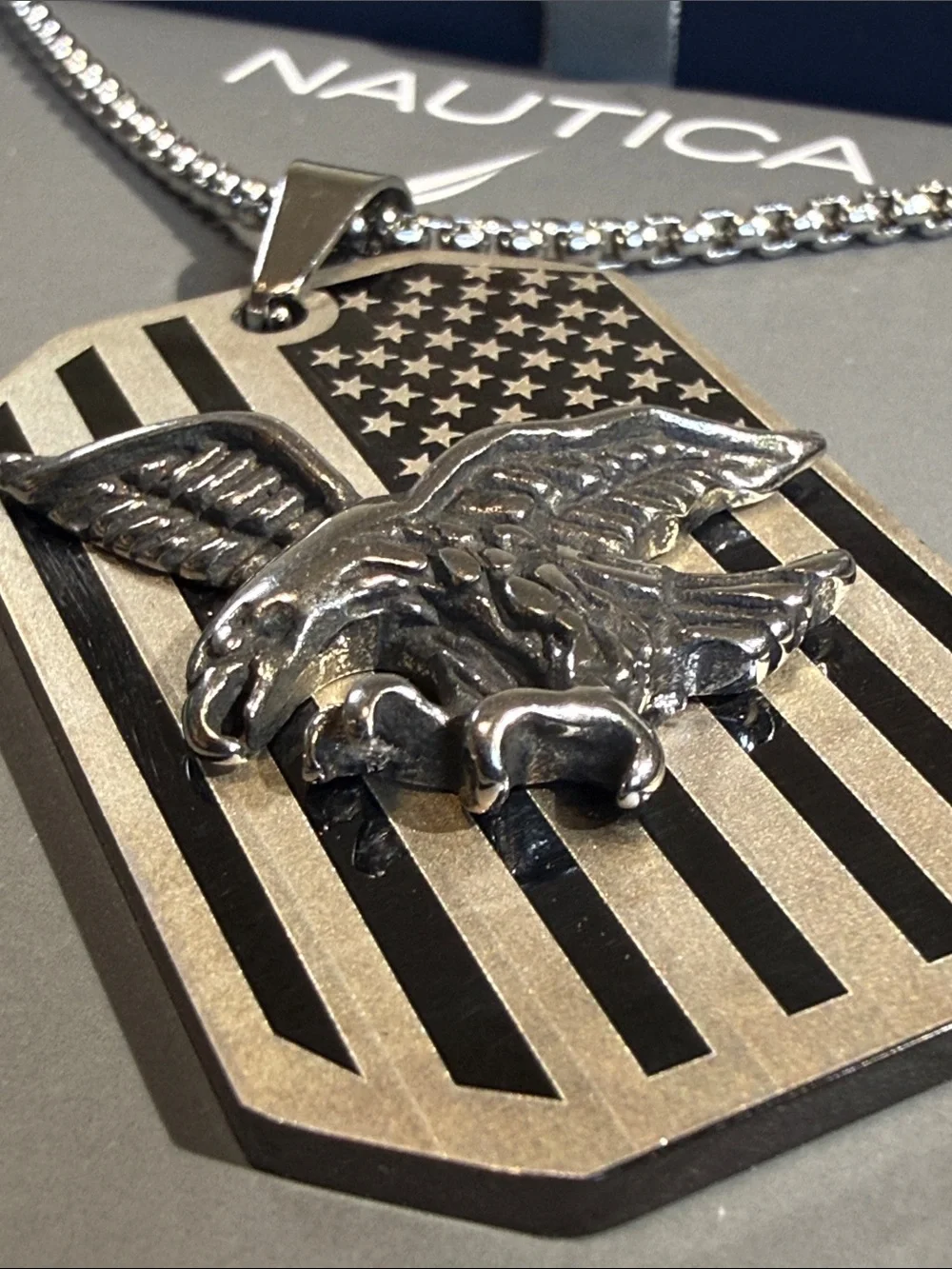 Nautica Silver tone Stainless Steel Eagle & American Flag Dog Tag Necklace